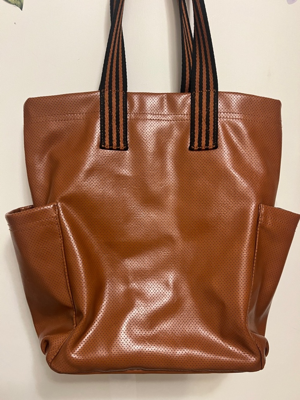 Universal Thread Perforated Brown Tote with Black Striped Handles